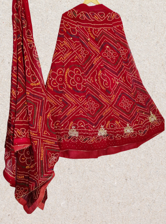 Traditional Skirt Set | Bandhej Lehanga Choli Set | Semi - Stitched