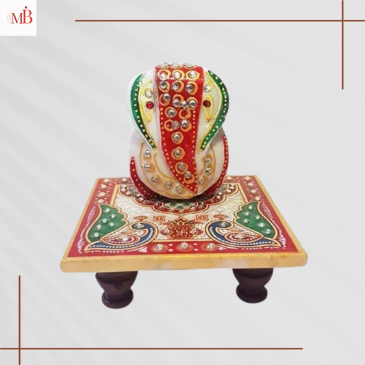 Marble Ganesh Chowki Rajasthani Traditional Multicolor Handpainted Ganesh Ji Idol with Marble Chowki Gift Item & Home Decor(4x4x4 in) Idols & Figurines