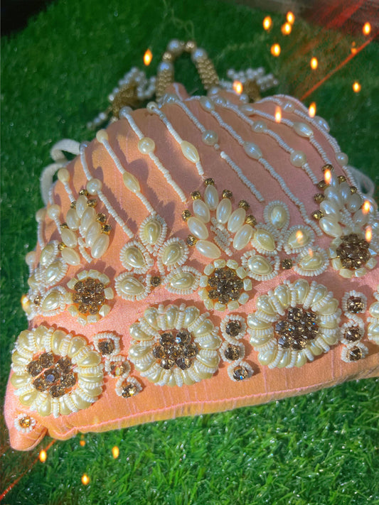 Potli | Pearl Work - Embellished | Hand Crafted - Peach