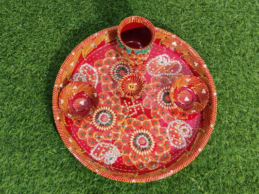 Puja Thali Combo | Colourful Decorated Thali with Diya and  Glass| Wedding Thali | Red Thali