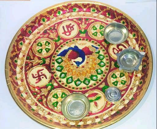 Puja Thali Combo | Colourful Decorated Thali | Wedding Thali | Stainless Steel Handmade Meenakari Pooja Thali Washable Standard Size (11x11 Inches) (Set of 1)